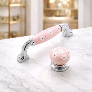 Kastdeurknop roze bloemenporselein, chromen kledingkasthandgreep