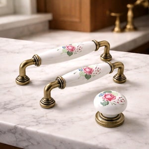 Tiradores florales de porcelana blanca para gabinetes, tiradores de bronce para cajones, herrajes para muebles de aleación de zinc.