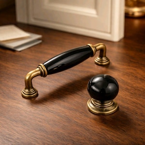 Maniglia per mobile in porcellana nera, maniglia per guardaroba in oro antico, pomello rustico