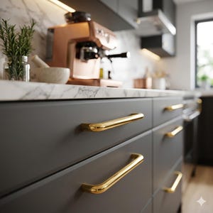 May include: A modern kitchen with dark gray cabinets and gold-toned hardware. A copper espresso machine sits on a marble countertop. A small glass jar with rosemary and a mortar and pestle are also on the counter.