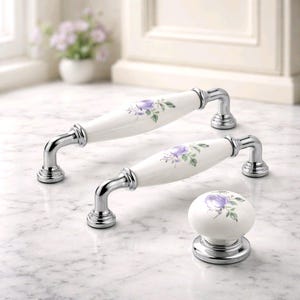 Gebloemde porseleinen kasthandgreep, zilveren zinklegering handgreep