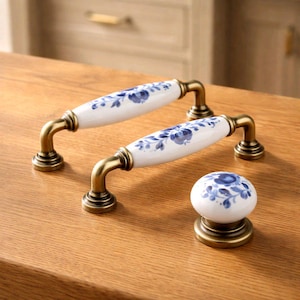 Blue Floral Ceramic Drawer Pulls & Knobs – Antique Brass Hardware Set image 4