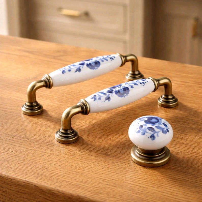 Blue Floral Ceramic Drawer Pulls & Knobs – Antique Brass Hardware Set image 4