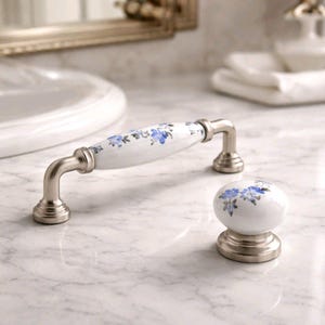 Floraler Porzellanschrankknauf, silberner Knauf, türkischer Griff