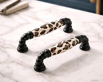Black Leopard Porcelain Cabinet Pulls, Modern Kitchen Hardware Handles