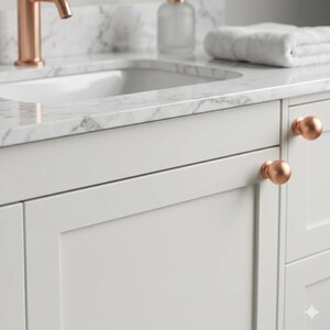 May include: A white bathroom vanity with a marble countertop. The vanity features copper-coloured knobs and a copper tap. A white sink, a white towel, and a glass bottle are also visible. The vanity has a clean, modern design.