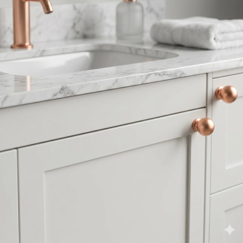 May include: A white bathroom vanity with a marble countertop. The vanity features copper-coloured knobs and a copper tap. A white sink, a white towel, and a glass bottle are also visible. The vanity has a clean, modern design.
