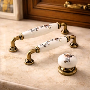 Tiradores de cajón de porcelana blanca, tiradores florales de bronce, pomos para gabinetes, herrajes para muebles