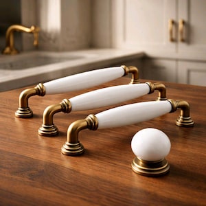 Białe uchwyty do szafek z porcelany i brązu, uchwyty do szuflad kuchennych