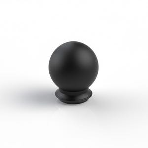 May include: A black, spherical finial with a matte finish. The finial sits on a decorative base with a rounded profile. The object is set against a white background, highlighting its shape and colour.