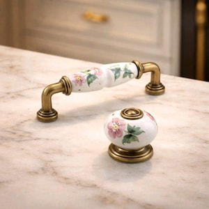 Maniglia per mobile in porcellana fiorita, pomello per guardaroba in bronzo