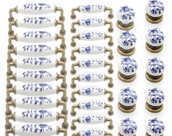 Blue Floral Ceramic Drawer Pulls and Knobs Set, Vintage French Country Hardware