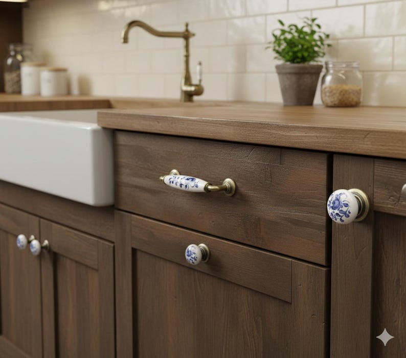 May include: A set of white ceramic cabinet knobs and a drawer pull featuring blue floral patterns and antique brass hardware. The hardware is mounted on dark brown wooden kitchen cabinets, including a long handle and several round knobs.