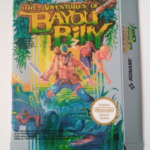 Może przedstawiać: Pudełko do gry wideo The Adventures of Bayou Billy. Grafika na pudełku przedstawia umięśnionego mężczyznę z nożem, aligatorem i jeepem. Widoczna jest pieczęć jakości Nintendo. Obecne jest również logo Konami.