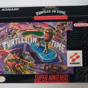 May include: A box for the Super Nintendo game Teenage Mutant Ninja Turtles IV: Turtles in Time. The box features a colourful illustration of the four Teenage Mutant Ninja Turtles in a futuristic setting. The game is licensed by Nintendo.