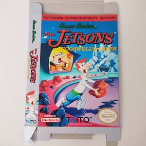Pode incluir: Uma caixa de cartucho de jogo para Nintendo Entertainment System para Os Jetsons: A Trapaça de Cogswell. A caixa apresenta uma imagem de desenho animado dos personagens dos Jetsons, incluindo George Jetson, Elroy Jetson e Cogswell. A caixa é vermelha, branca, azul e amarela. O jogo é licenciado pela Nintendo e publicado pela Taito.