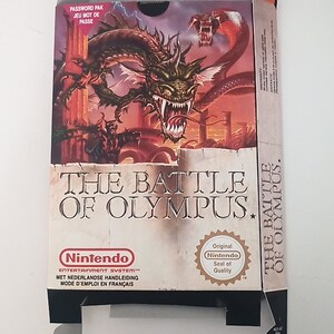 May include: A vintage Nintendo Entertainment System game cartridge box for The Battle of Olympus. The box features a green dragon with red eyes and a red snake with a red eye. The box is in good condition with some wear and tear. The text on the box reads "The Battle of Olympus" and "Nintendo Entertainment System".