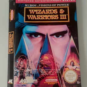 Op de afbeelding: Een zwarte Nintendo Entertainment System-spelcartridge doos met een rood-wit label. Het label toont een close-up van een man met een woeste uitdrukking. De titel van het spel is "Wizards & Warriors III" en de spelontwikkelaar is "Kuros... Visions of Power".