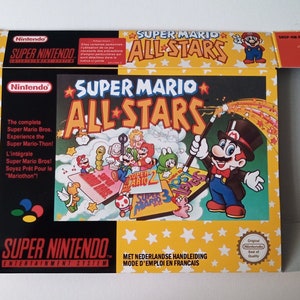 Peut inclure: Une boîte de jeu Super Nintendo jaune et noire avec une image de Mario portant un haut-de-forme sur un fond étoilé. Le jeu s'appelle "Super Mario All-Stars".