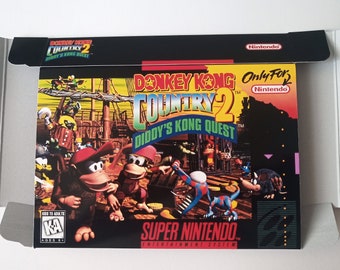 Może przedstawiać: Pudełko z grą Super Nintendo dla Donkey Kong Country 2: Diddy's Kong Quest. Grafika na pudełku przedstawia Donkey Konga i Diddy Konga, z kolorowym tłem dżungli. Widoczne jest logo Nintendo.