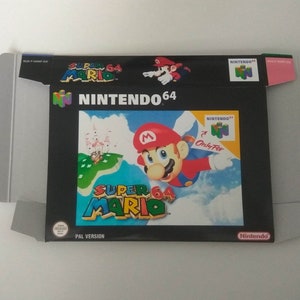 May include: A black Nintendo 64 game case with a red and white Super Mario 64 game cartridge. The front of the case features a cartoon image of Mario flying through the air. The text "Super Mario 64" is printed in large, white letters on the front of the case. The text "Nintendo 64" is printed in white letters on the top of the case. The text "PAL Version" is printed in white letters on the bottom of the case.