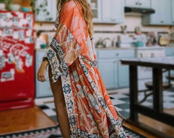 Women Boho Floral Kimono Dress Summer Bohemian Kimono Dress Hippie Kimono Robe Summer Boho Tunic Beach Kimono Long Gown Dress