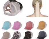 Washed Denim, Solid Criss Cross Cap, Distressed, Messy Bun Cap, High Ponytail Ball Cap