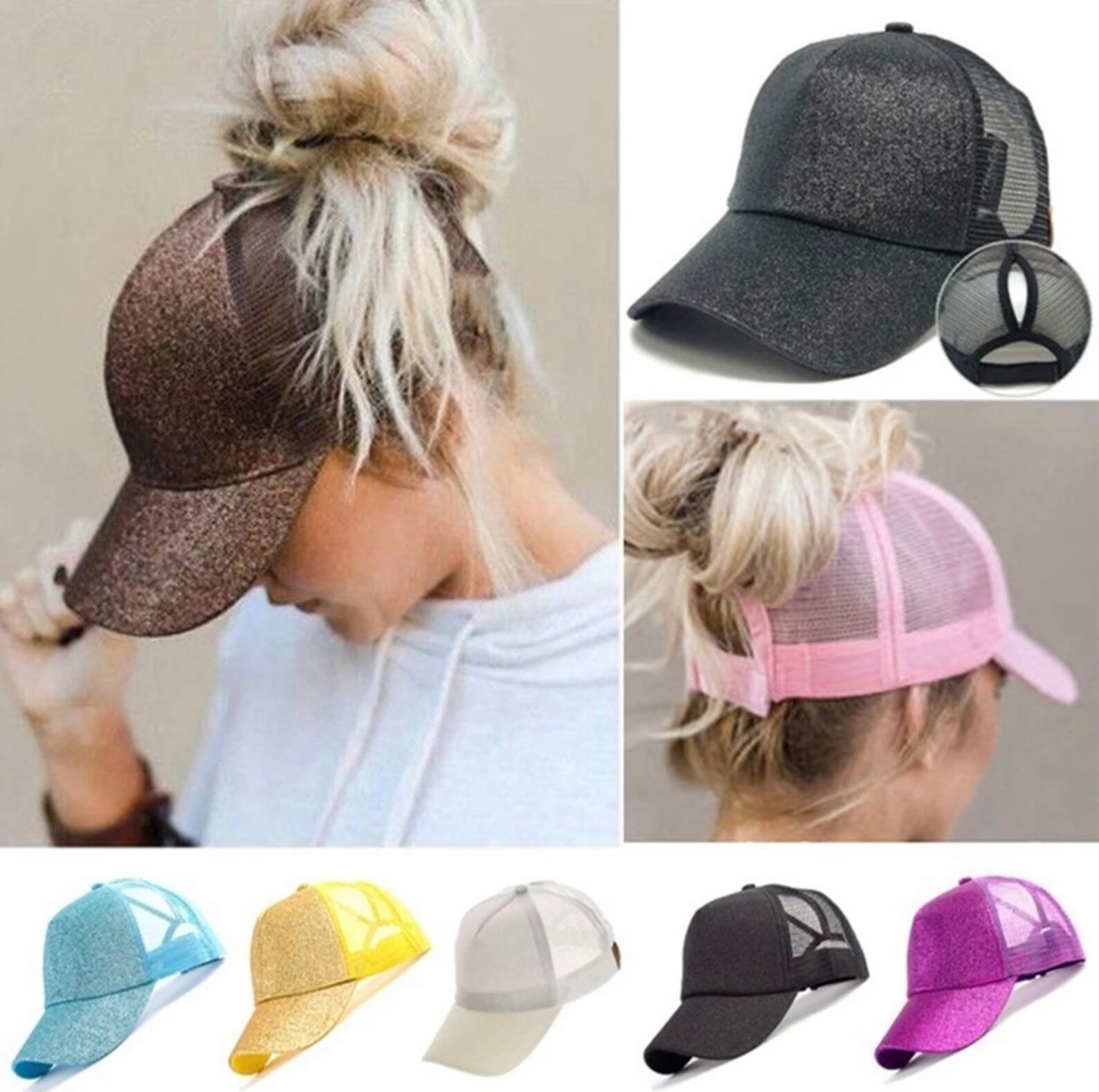 High Ponytail Glitter Baseball Hats for Women. Messy Bun Etsy