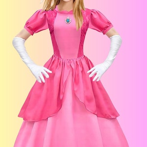 Adult Peach Princess Costume in The Super Mario Bros, Womens Birthday Dress, Halloween Princess Cosplay, Dress up,  Party Dress for Adults