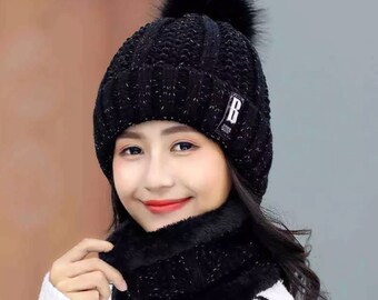 IYEBRAO Women's Winter Beanie & Scarf Set - Fleece Lined Knit Hat With Pom Pom, Cable Knit Design