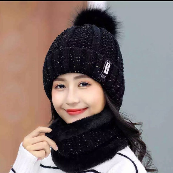 Womens Pom Beanie Hat Scarf Set Girls Cute Winter Ski Hat Slouchy
