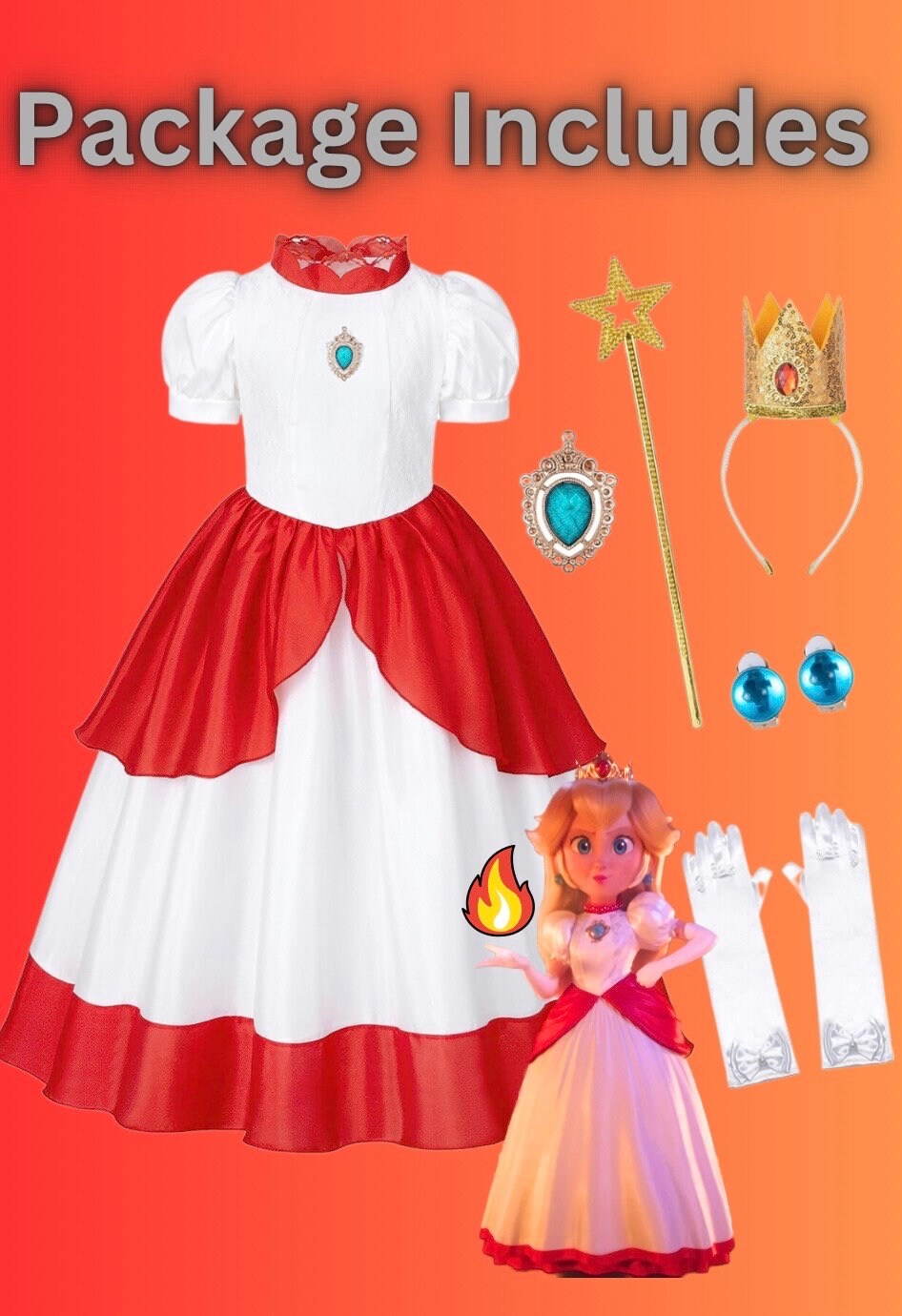 Costume da Pesche per ragazze con accessori, vestito da principessa Peach,  festa di Super Mario, costume di Halloween da donna, costume cosplay -   Italia