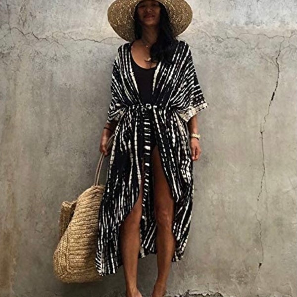 Bold Abstract Tie Dye Long Kimono In Teal & Black