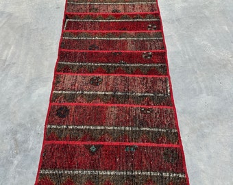 Small Rugs, Turkish Rug, Patchwork Rug, Vintage Rug, Faded Anatolian Rug, Rugs For Bedroom, 2.5x5.5 ft Red Rug, Wool Rug, Modern Bath Mat,