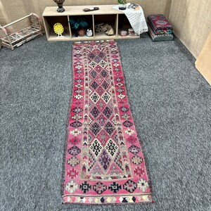Pink and Black Vintage Herki Rug, Low Pile Rug, Tribal Runner, Geometric Pattern, 2.7 x 10.8 ft, Turkish Hand Knotted