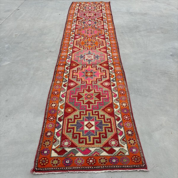 Herki Rug, 3x13 ft Runner Rug, Turkish Rug, Vintage Rug, Anatolian Rug, Rugs For Kitchen, 2.8x12.5 ft Red Rug, Floor Rug, Long Runner Rug,