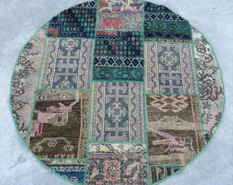 Vintage Rug, Round Rug, Turkish Rug, Patchwork Oushak Rug, Small Rug, Antique Rugs, Rugs For Bedroom, 3.7x3.7 ft Green Rug, Anatolian Rug,