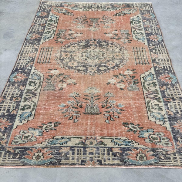 6x9 ft Large Rug, Turkish Rug, Vintage Rug, Faded Oushak Rug, Rugs For Salon, 6x8.6 ft Orange Rug, Colorful Rug, Large Turkish Rug,