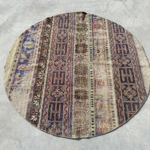 Vintage Rug, Round Rug, 5x5 ft Area Rug, Patchwork Rug, Turkish Rug, Oushak Rug, Rugs For Kitchen, 4.9x4.9 ft Purple Rug, Colorful Rugs,