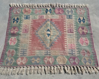 Small Kilim, Turkish Kilim, Vintage Kilim, Geometric Muted Oushak Kilim, Rugs For Wall Hanging, Green Kilim, Office Kilim, Bedroom Kilim,