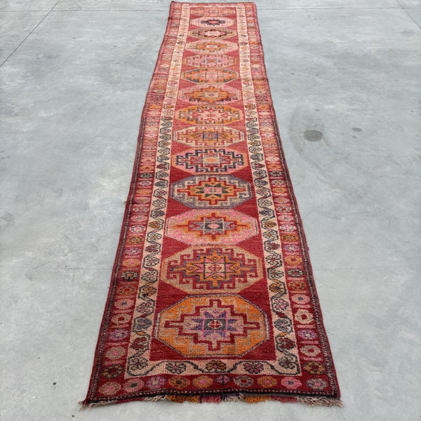 Turkish Rug, 3x14 ft Runner Rugs, Herki Rug, Vintage Rug, Anatolian Rug, Rugs For Hallway, 2.8x13.3 ft Red Rug, Floor Rug, Handmade Wool Rug