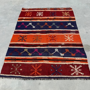 Turkish Kilim, Accent Kilim, Vintage Kilim, Patterned Oushak Kilim, Rugs For Dining Room, 3.6x4.7 ft Orange Kilim, Bedroom Kilim,