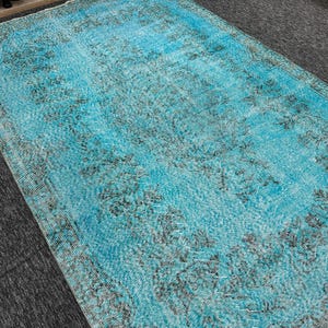 Alfombra teñida con efecto desgastado, alfombra grande, alfombra Oushak, 1,70 x 2,65 m, alfombra turca vintage azul, decoración floral descolorida para sala de estar. imagen 3