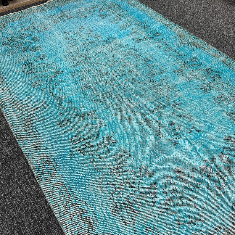 Alfombra teñida con efecto desgastado, alfombra grande, alfombra Oushak, 1,70 x 2,65 m, alfombra turca vintage azul, decoración floral descolorida para sala de estar. imagen 3