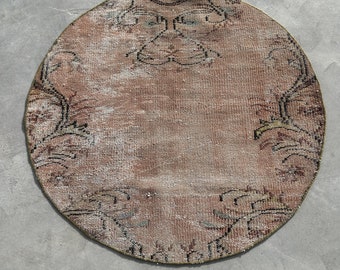 4x4 ft Small Rugs, Round Rug, Turkish Rug, Vintage Rug, Antique Oushak Rugs, Rugs For Bathroom, 3.3x3.3 ft Pink Rug, Oriental Rug,