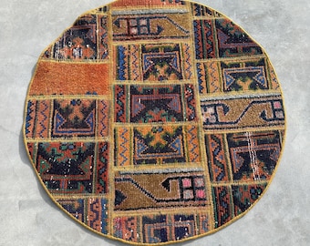 Turkish Rug, Round Rug, Patchwork Rug, Vintage Rug, 3x3 ft Small Rug, Faded Oushak Rug, Rugs For Entry, 2.7x2.7 ft Yellow Rug, Wool Rug,