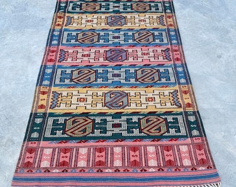 パステルトルコキリムラグ：ピンク&オレンジヴィンテージトライバル