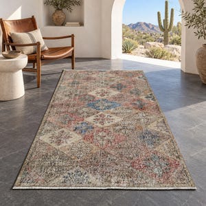 Turks Oushak tapijt, beige vintage handgeweven tapijt, 3,8 x 7 meter, patchwork wollen vloerkleed, handgeknoopt bloemenpatroon slaapkamertapijt