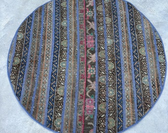 Vintage Rug, Patchwork Rug, Small Rugs, Turkish Rug, Round Rug, Antique Rugs, Rugs For Bathroom, 2.9x2.9 ft Blue Rug, Anatolian Rug,