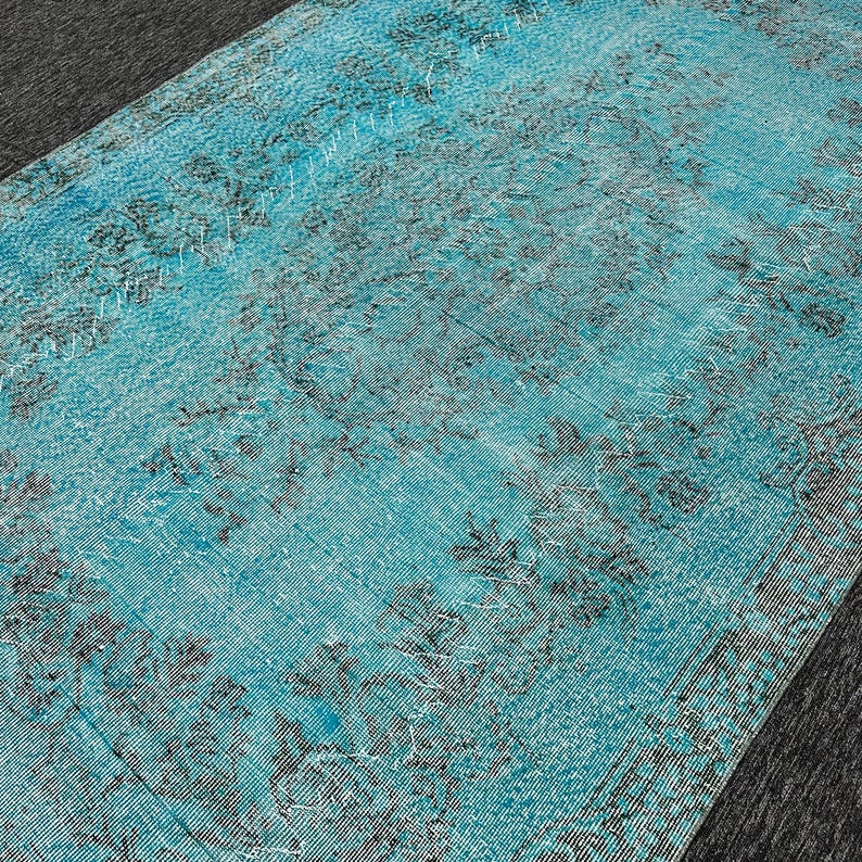 Alfombra teñida con efecto desgastado, alfombra grande, alfombra Oushak, 1,70 x 2,65 m, alfombra turca vintage azul, decoración floral descolorida para sala de estar. imagen 4